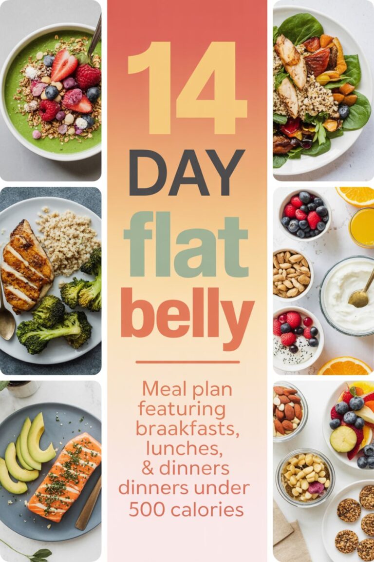 14-Day Flat Belly Meal Plan Featuring Breakfasts, Lunches, and Dinners Under 500 Calories