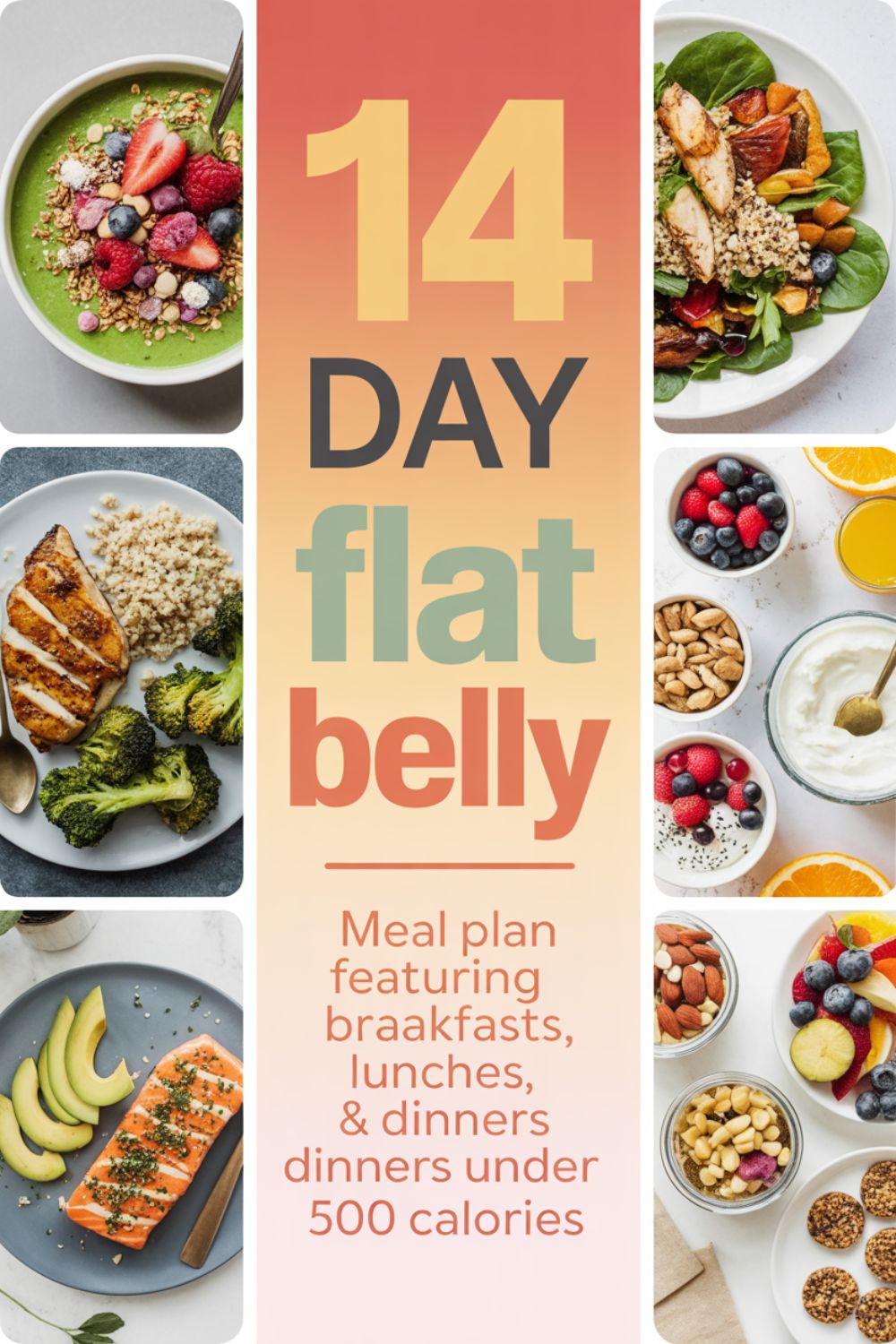 14 Day Flat Belly Meal Plan Featuring Breakfasts Lunches and Dinners Under 500 Calories